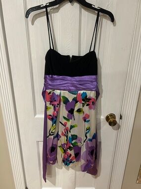 City Studio Black Bodice Floral Mini Dress with Purple Sash